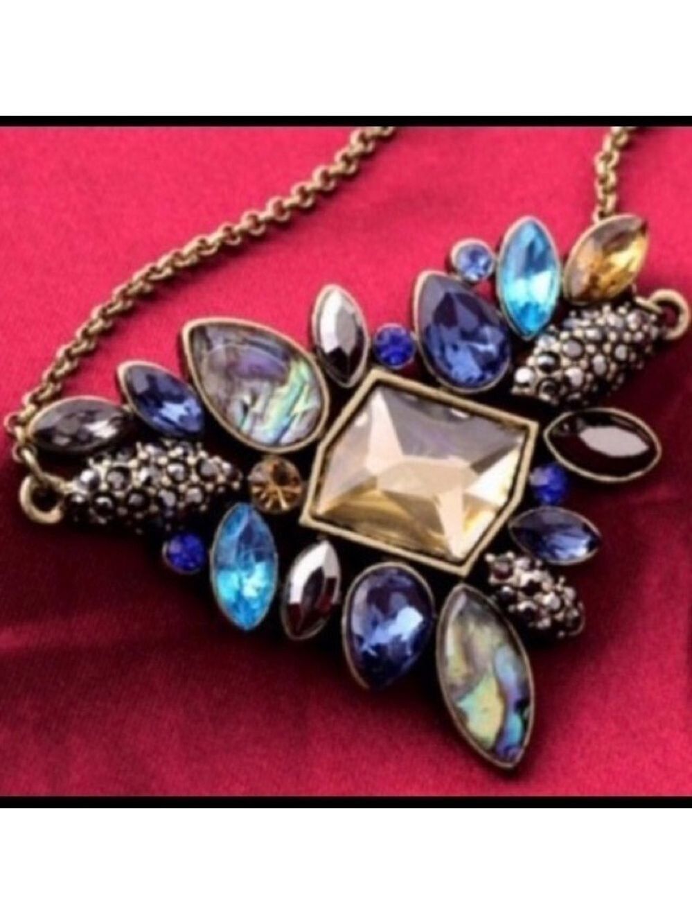 Jeweled statement necklace, blue gold abalone new prom formal dance glam